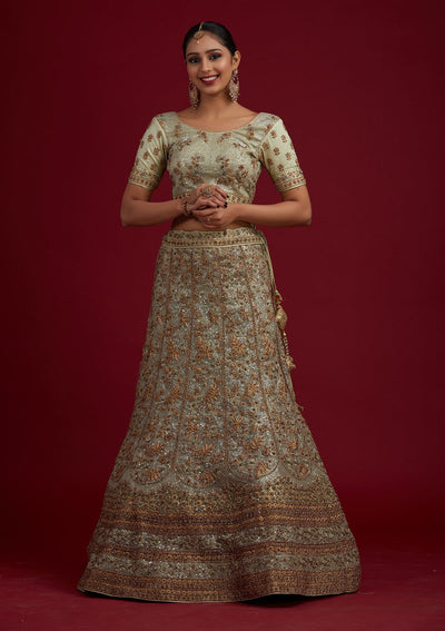 Pista Green Stonework Net Designer Semi-Stitched Lehenga - koskii