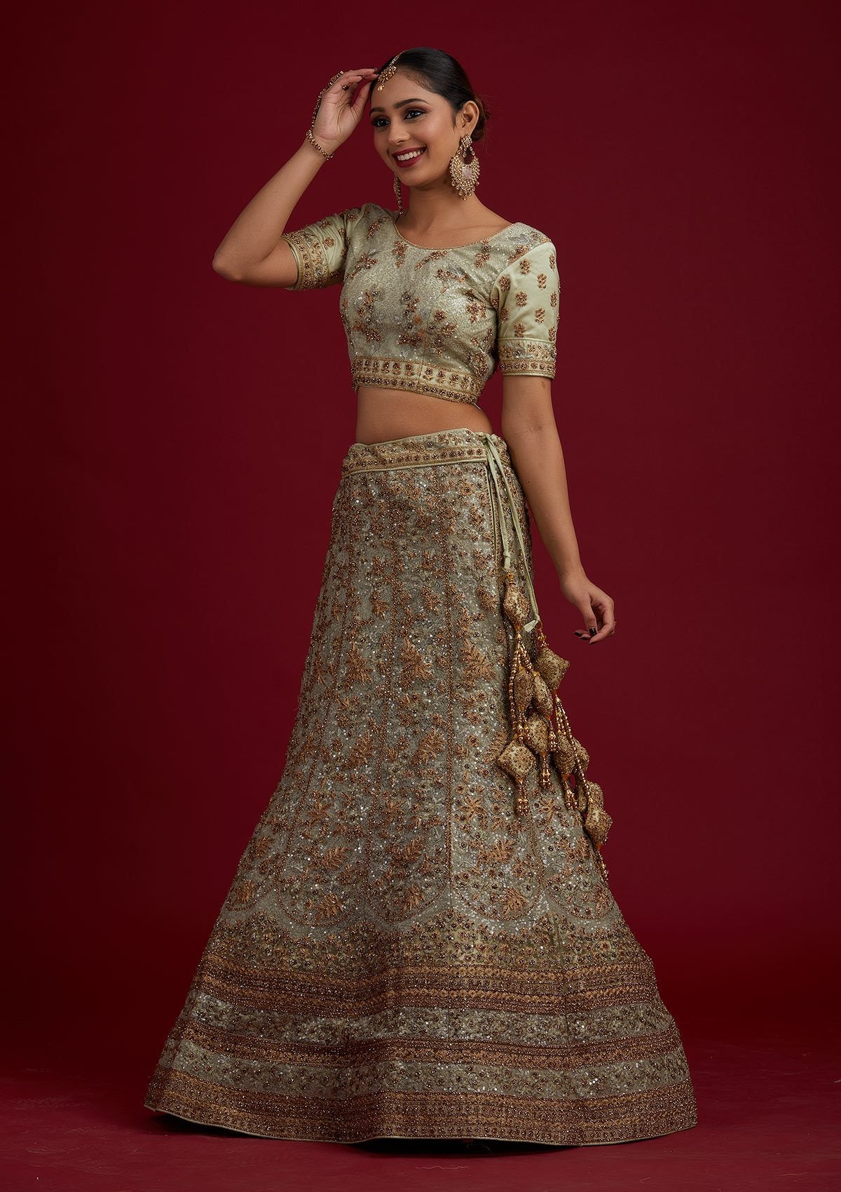 Pista Green Stonework Net Designer Semi-Stitched Lehenga - koskii