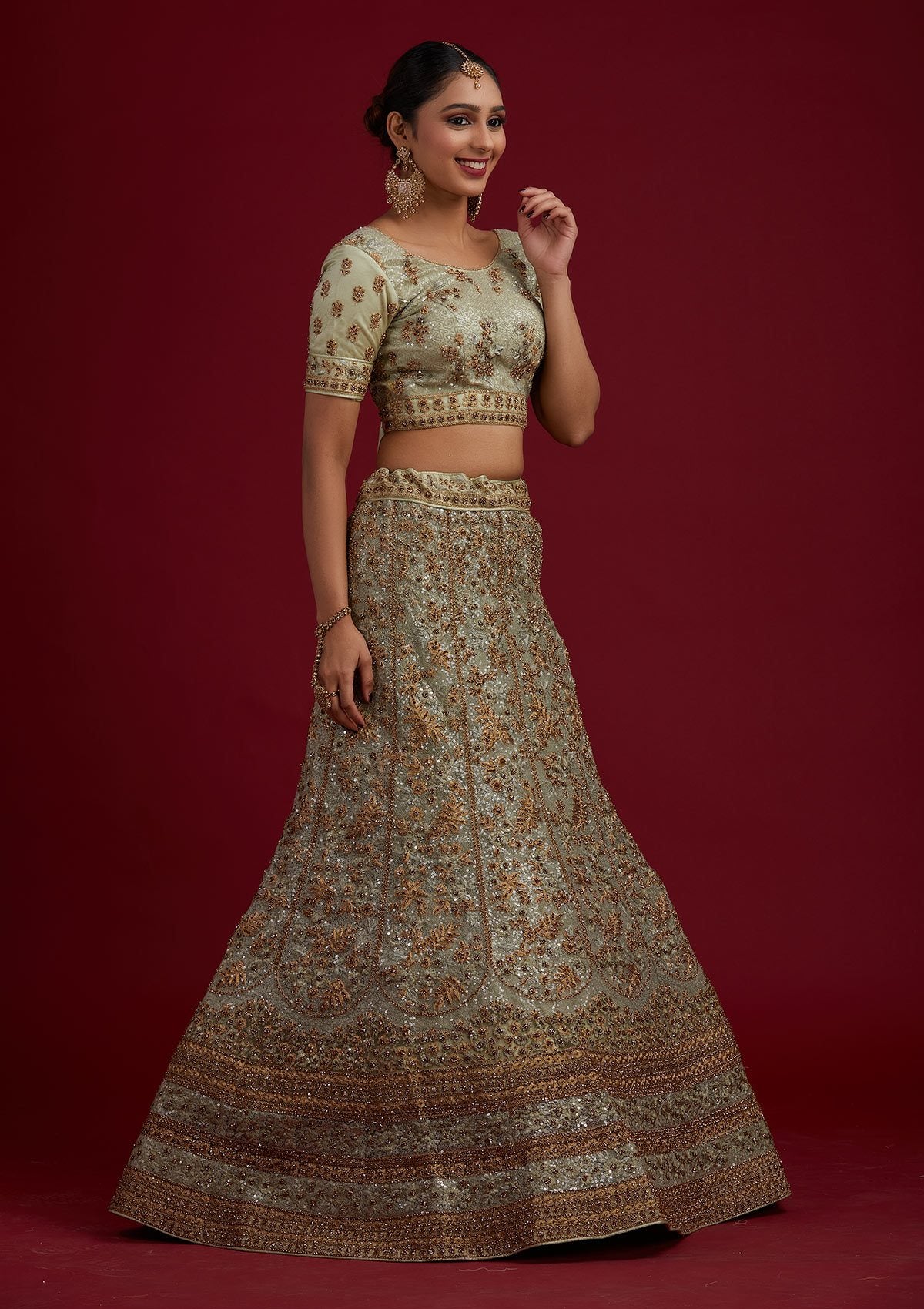 Pista Green Stonework Net Designer Semi-Stitched Lehenga - koskii
