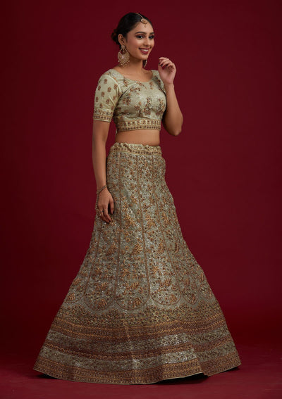 Pista Green Stonework Net Designer Semi-Stitched Lehenga - koskii