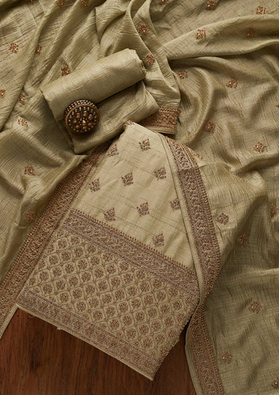 Pista Green Stonework Raw Silk Designer Unstitched Salwar Suit - koskii