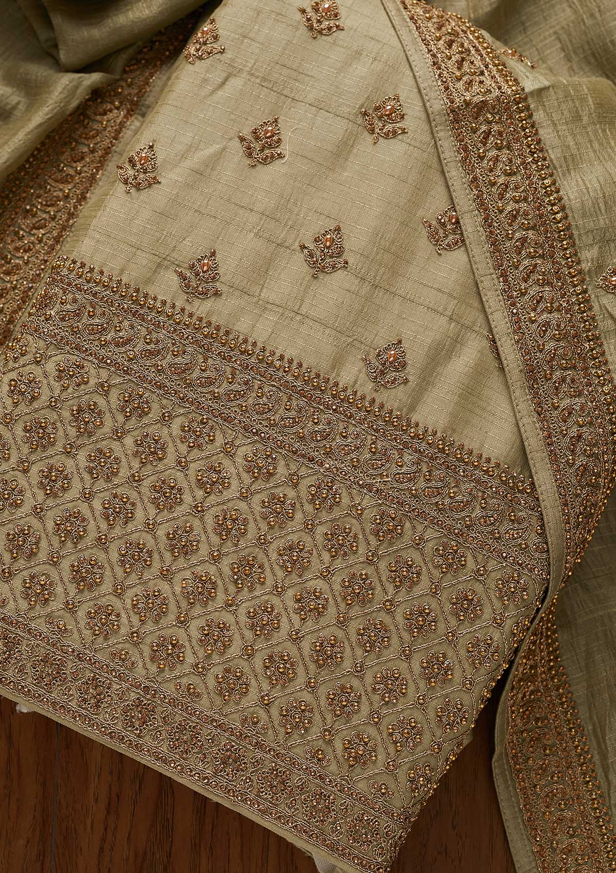 Pista Green Stonework Raw Silk Designer Unstitched Salwar Suit - koskii
