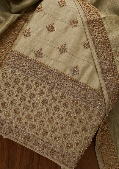 Pista Green Stonework Raw Silk Designer Unstitched Salwar Suit - koskii