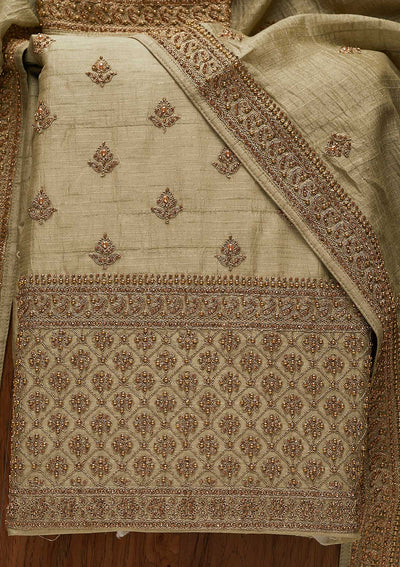 Pista Green Stonework Raw Silk Designer Unstitched Salwar Suit - koskii