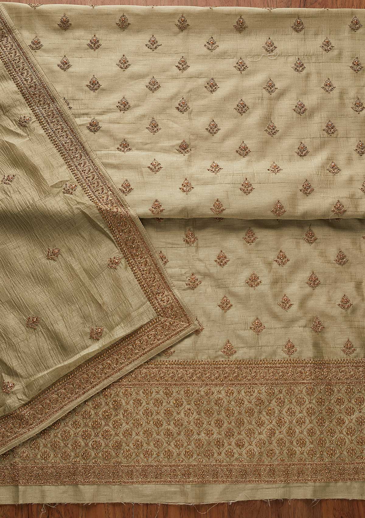 Pista Green Stonework Raw Silk Designer Unstitched Salwar Suit - koskii