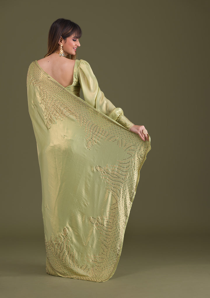 Pista Green Stonework Satin Saree-Koskii