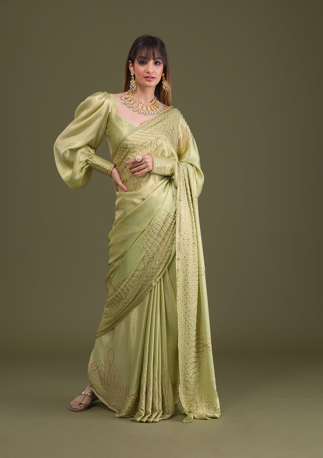 Pista Green Stonework Satin Saree-Koskii