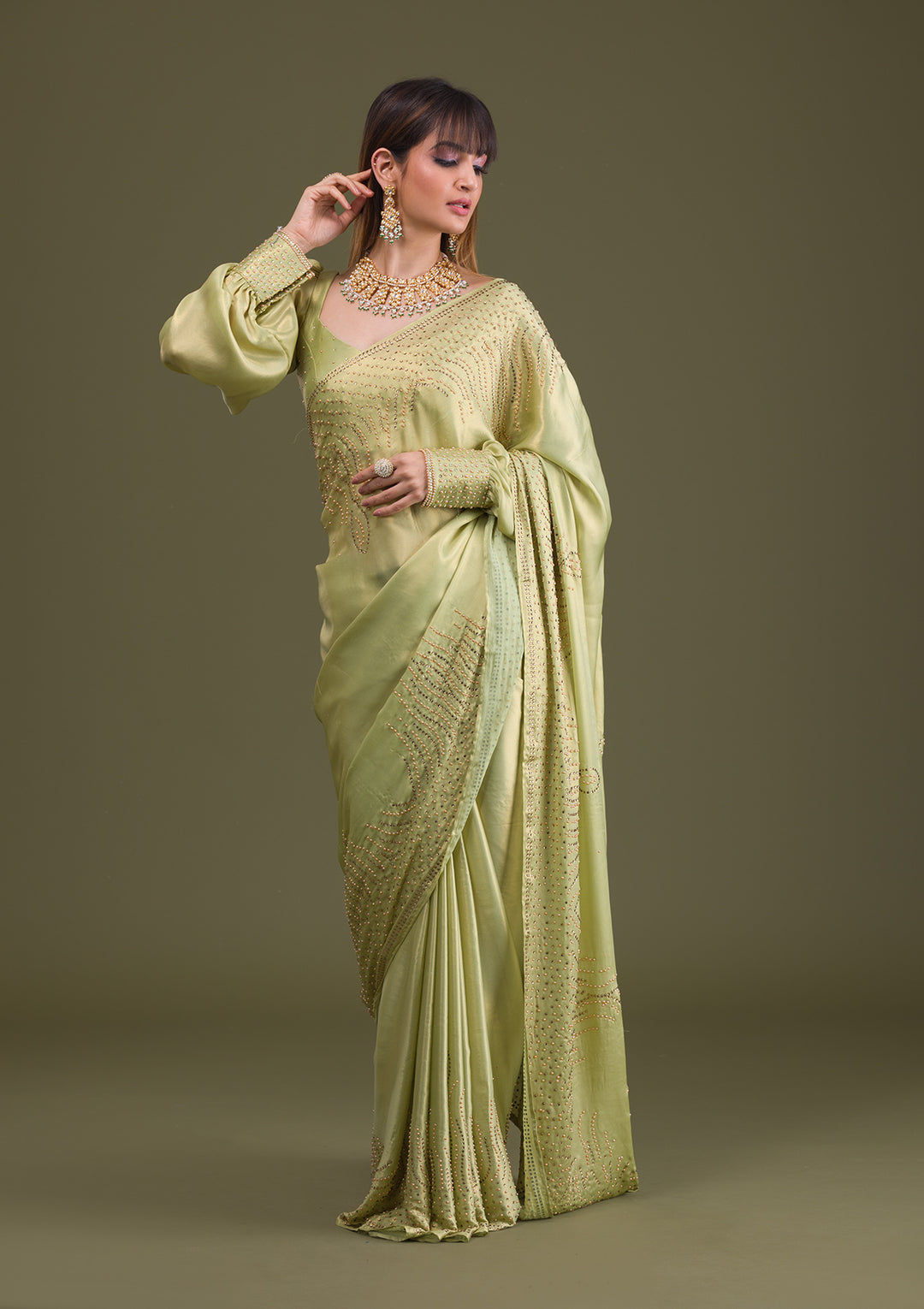 Pista Green Stonework Satin Saree-Koskii