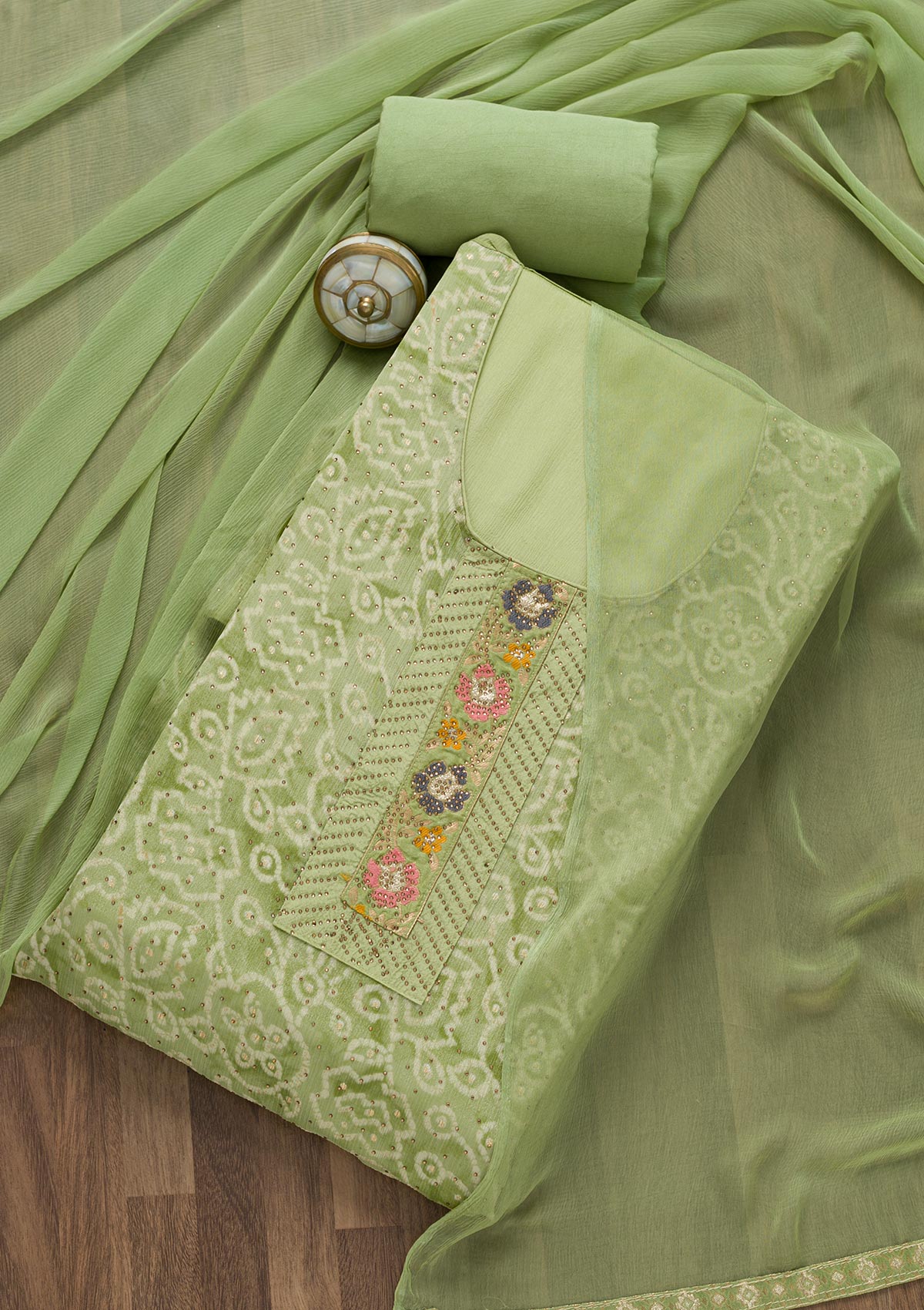 Pista Green Semi Crepe Swarovski Unstitched Salwar Suit-Koskii