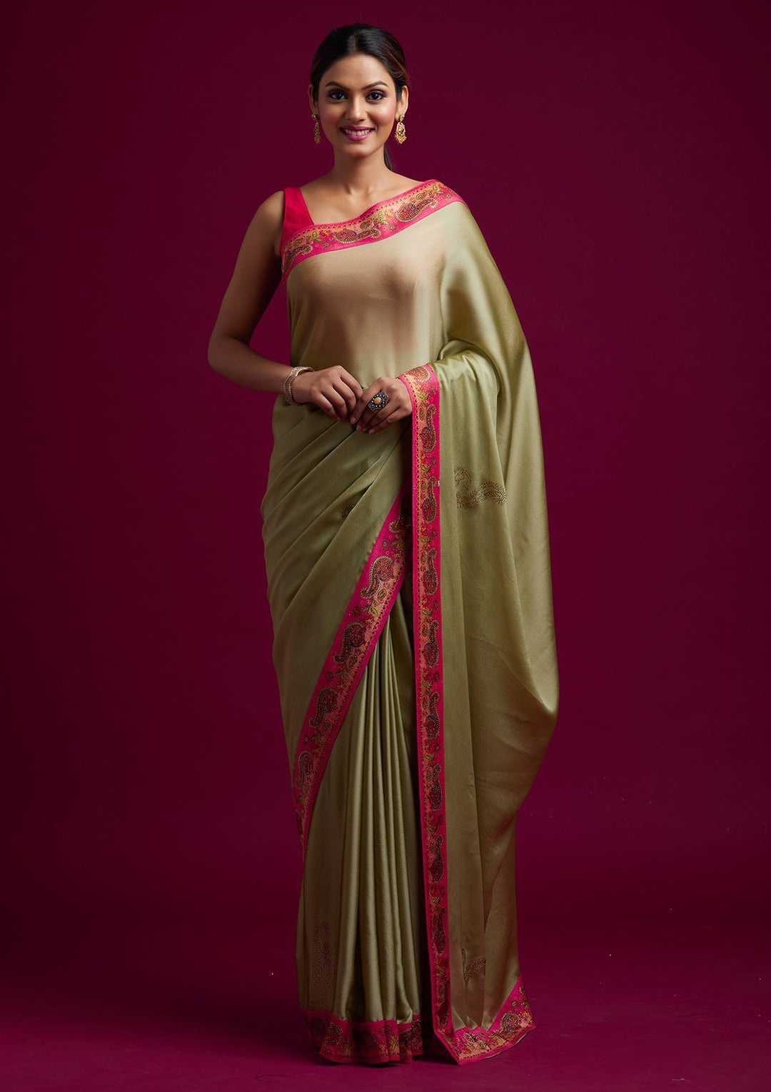 Pista Green Swarovski Semi Crepe Designer Saree - koskii