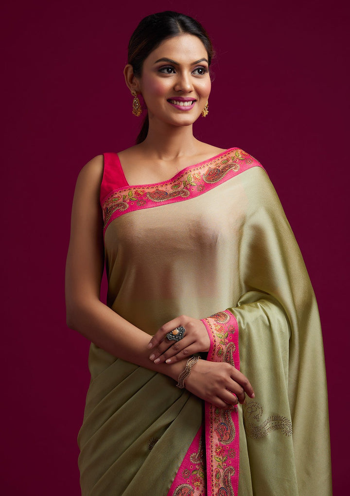 Pista Green Swarovski Semi Crepe Designer Saree - koskii