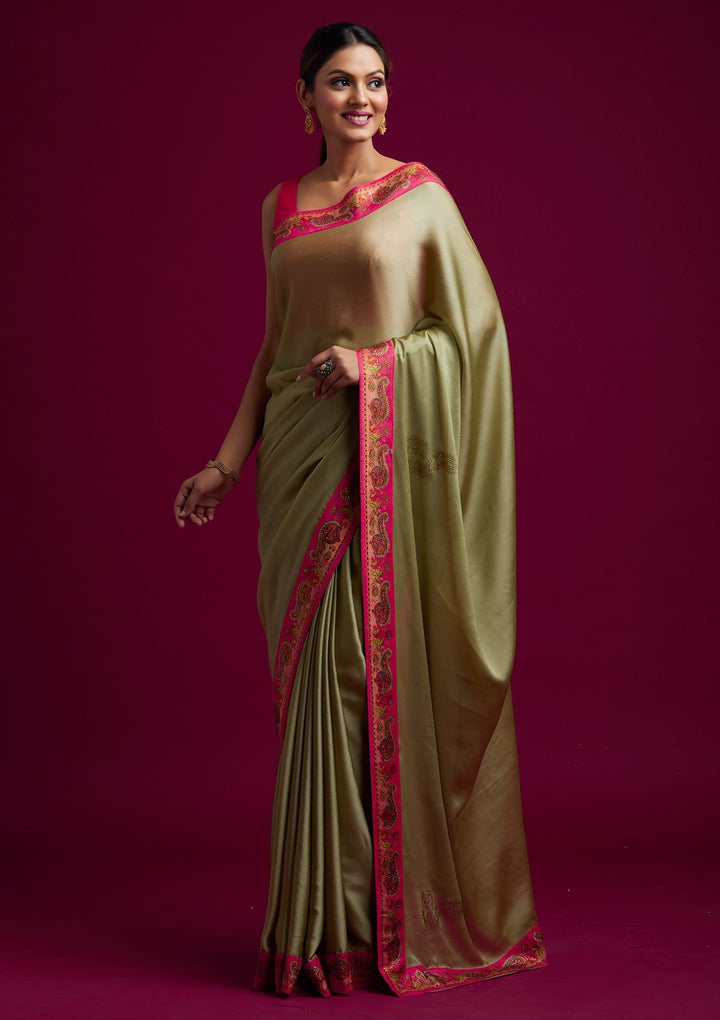 Pista Green Swarovski Semi Crepe Designer Saree - koskii