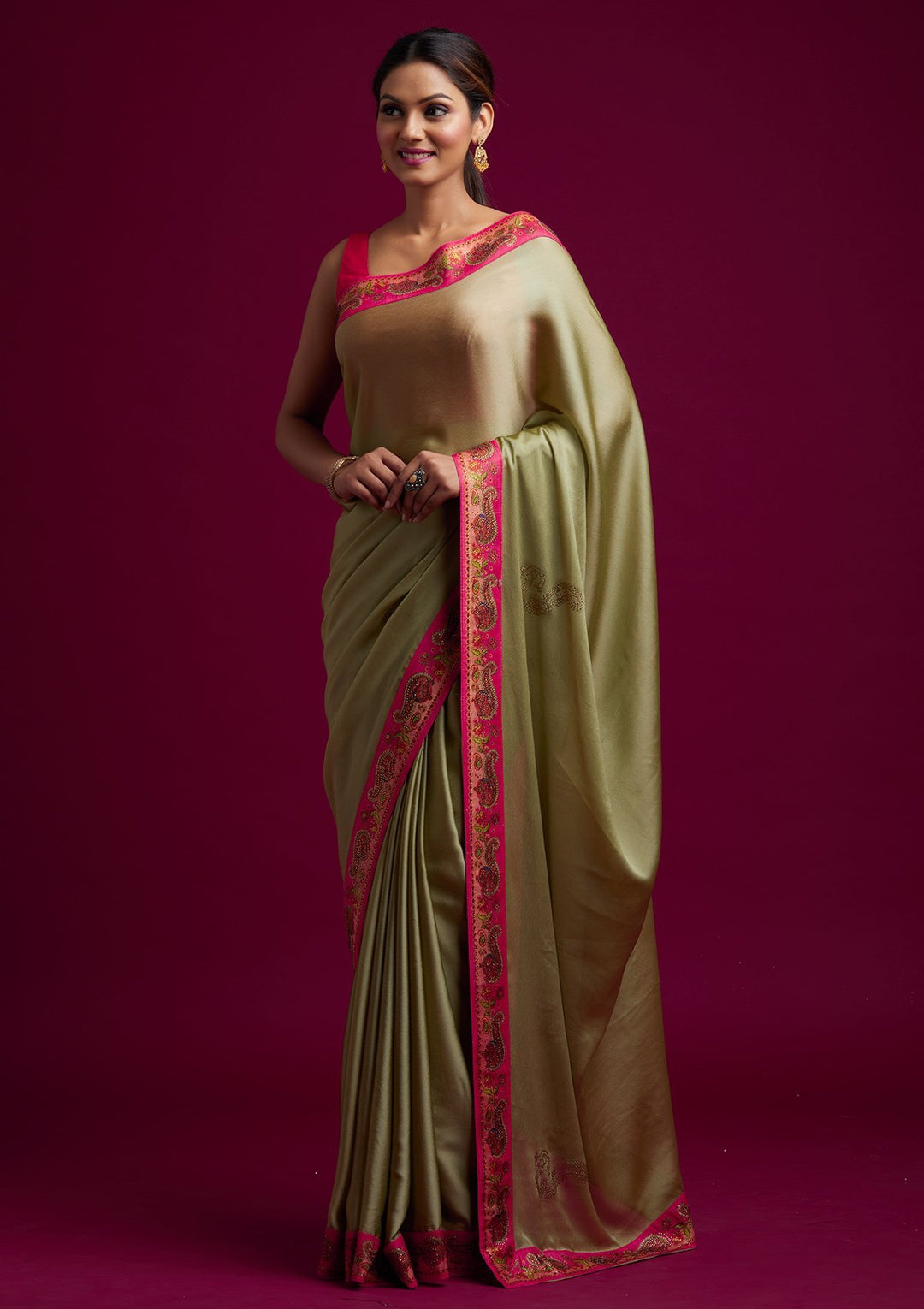 Pista Green Swarovski Semi Crepe Designer Saree - koskii