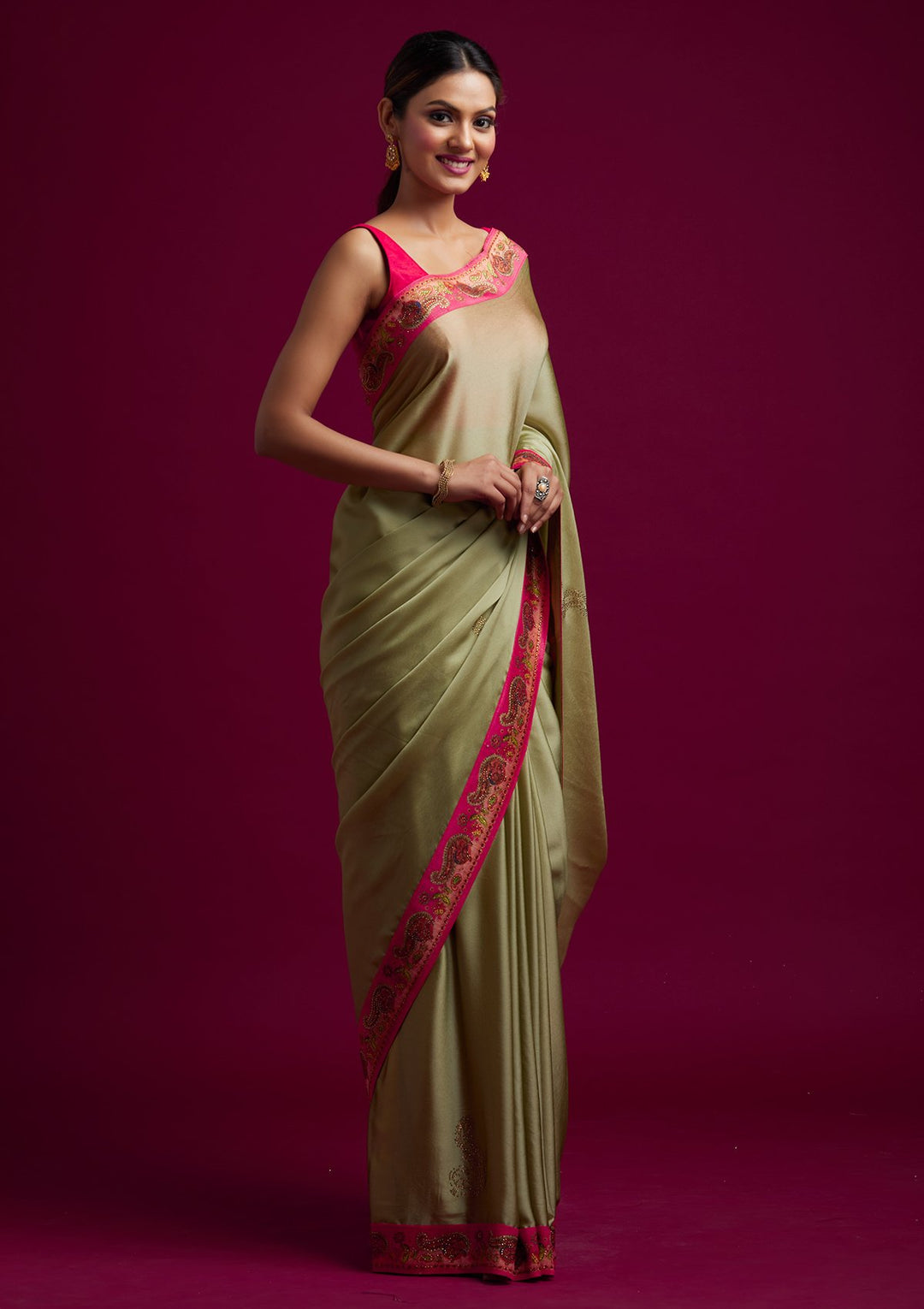 Pista Green Swarovski Semi Crepe Designer Saree - koskii