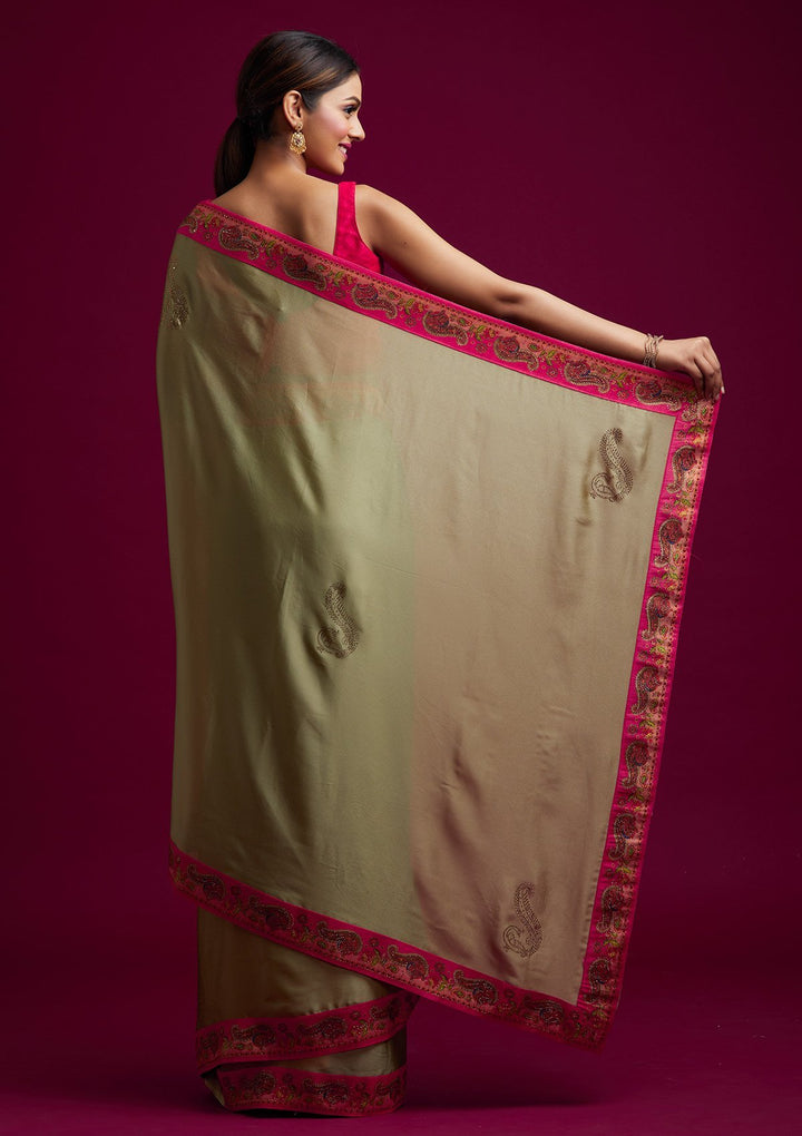 Pista Green Swarovski Semi Crepe Designer Saree - koskii