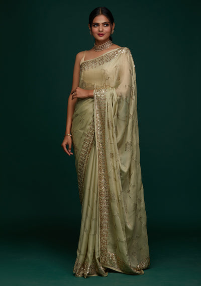 Pista Green Swarovski Shimmer Designer Saree - Koskii