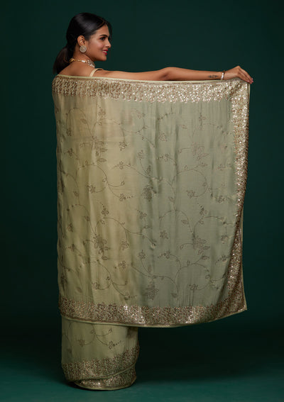 Pista Green Swarovski Shimmer Designer Saree - Koskii