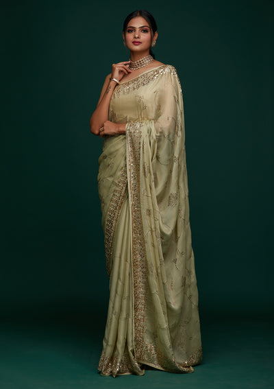 Pista Green Swarovski Shimmer Designer Saree - Koskii