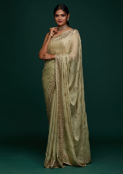 Pista Green Swarovski Shimmer Designer Saree - Koskii