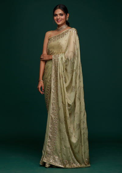 Pista Green Swarovski Shimmer Designer Saree - Koskii
