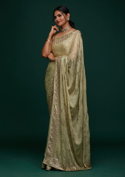 Pista Green Swarovski Shimmer Designer Saree - Koskii