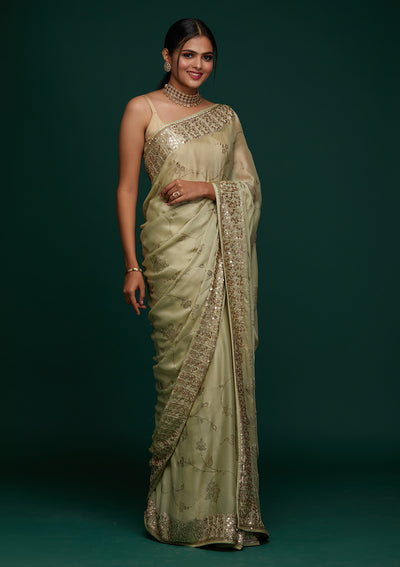 Pista Green Swarovski Shimmer Designer Saree - Koskii