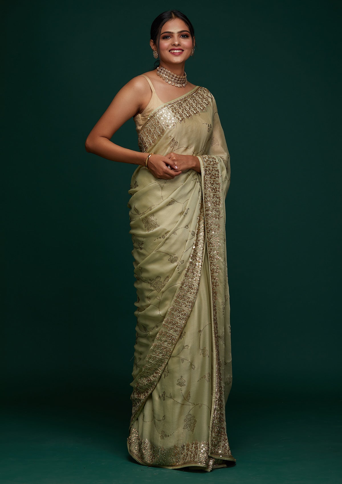 Pista Green Swarovski Shimmer Designer Saree - Koskii