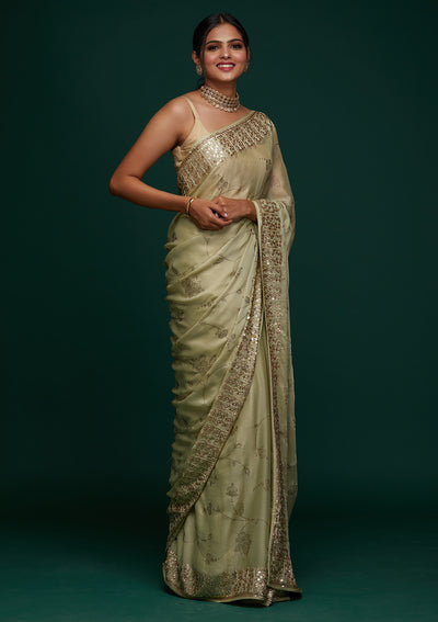Pista Green Swarovski Shimmer Designer Saree - Koskii