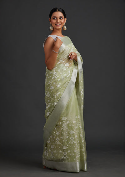 Pista Green Threadwork Art Silk Designer Saree - koskii