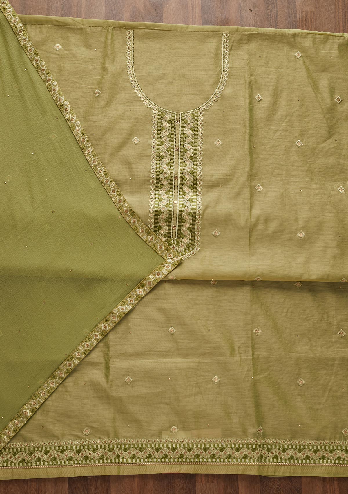 Pista Green Threadwork Chanderi Designer Unstitched Salwar Suit - Koskii