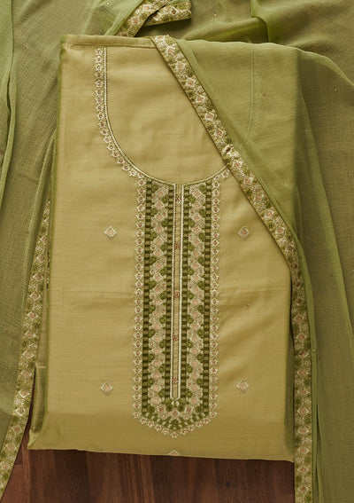 Pista Green Threadwork Chanderi Designer Unstitched Salwar Suit - Koskii