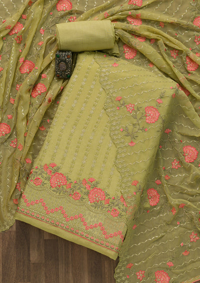 Pista Green Threadwork Chiffon Unstitched Salwar Suit-Koskii