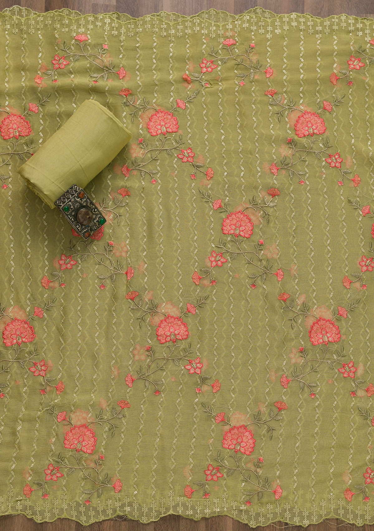 Pista Green Threadwork Chiffon Unstitched Salwar Suit-Koskii