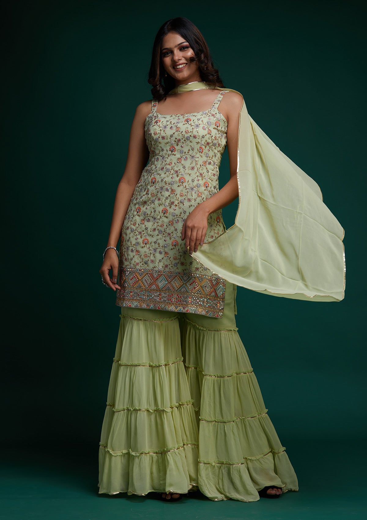 Pista Green Threadwork Georgette Designer Salwar Suit - Koskii