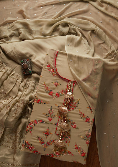 Pista Green Threadwork Georgette Designer Semi-Stitched Salwar Suit - koskii