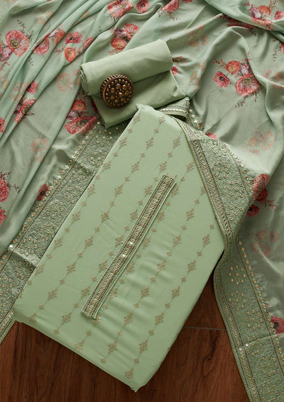 Pista Green Threadwork Georgette Designer Unstitched Salwar Suit - koskii