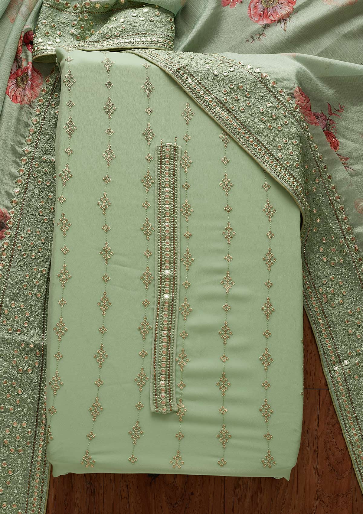 Pista Green Threadwork Georgette Designer Unstitched Salwar Suit - koskii
