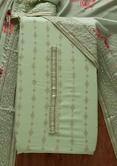 Pista Green Threadwork Georgette Designer Unstitched Salwar Suit - koskii