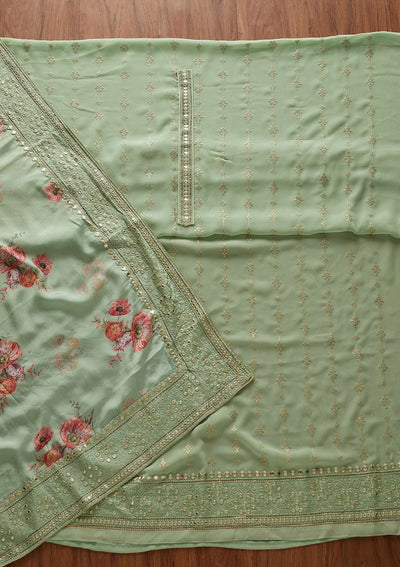 Pista Green Threadwork Georgette Designer Unstitched Salwar Suit - koskii