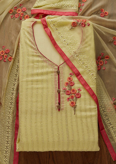 Pista Green Threadwork Georgette Designer Unstitched Salwar Suit - Koskii