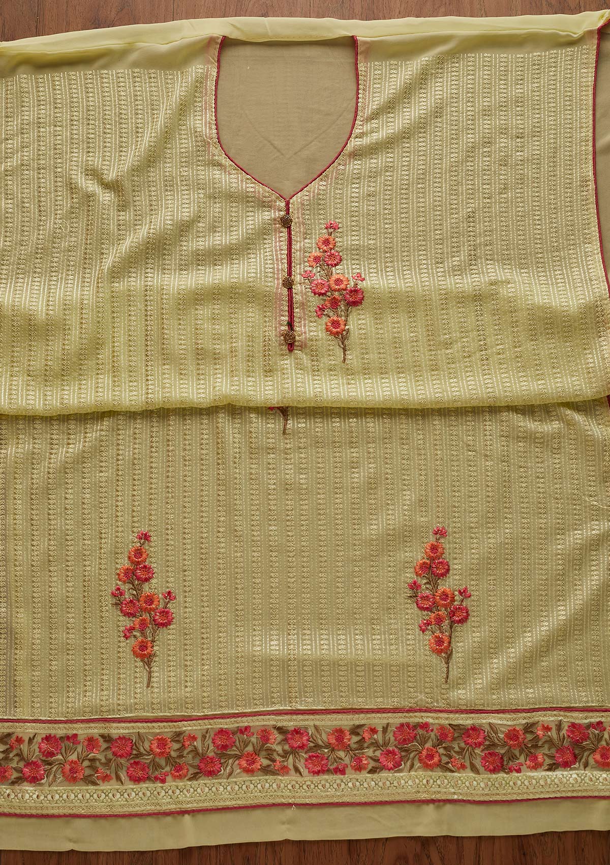 Pista Green Threadwork Georgette Designer Unstitched Salwar Suit - Koskii
