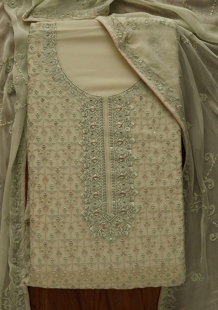 Pista Green Threadwork Georgette Designer Unstitched Salwar Suit - Koskii