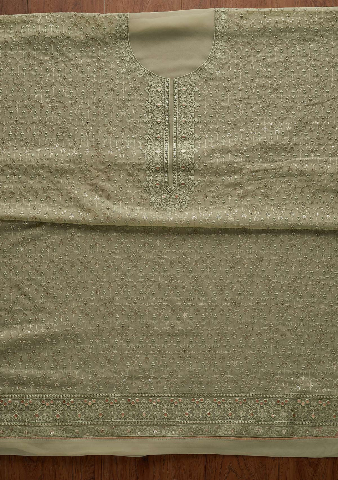 Pista Green Threadwork Georgette Designer Unstitched Salwar Suit - Koskii