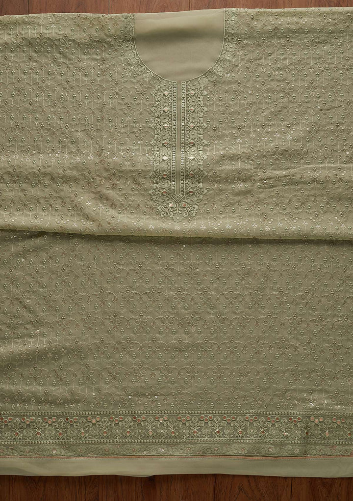 Pista Green Threadwork Georgette Designer Unstitched Salwar Suit - Koskii