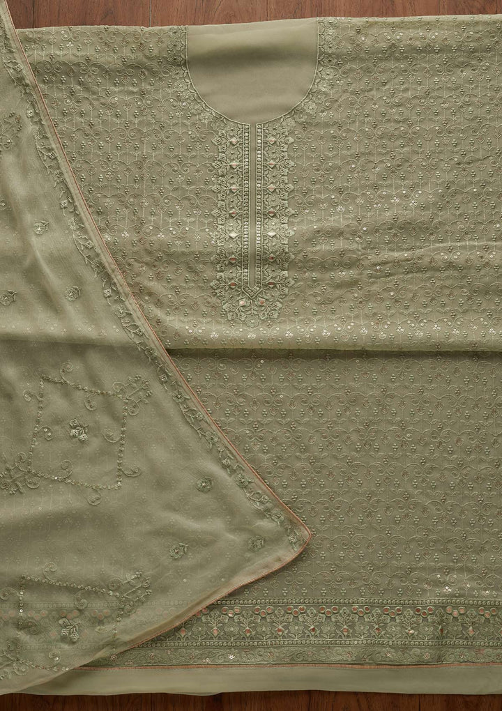 Pista Green Threadwork Georgette Designer Unstitched Salwar Suit - Koskii