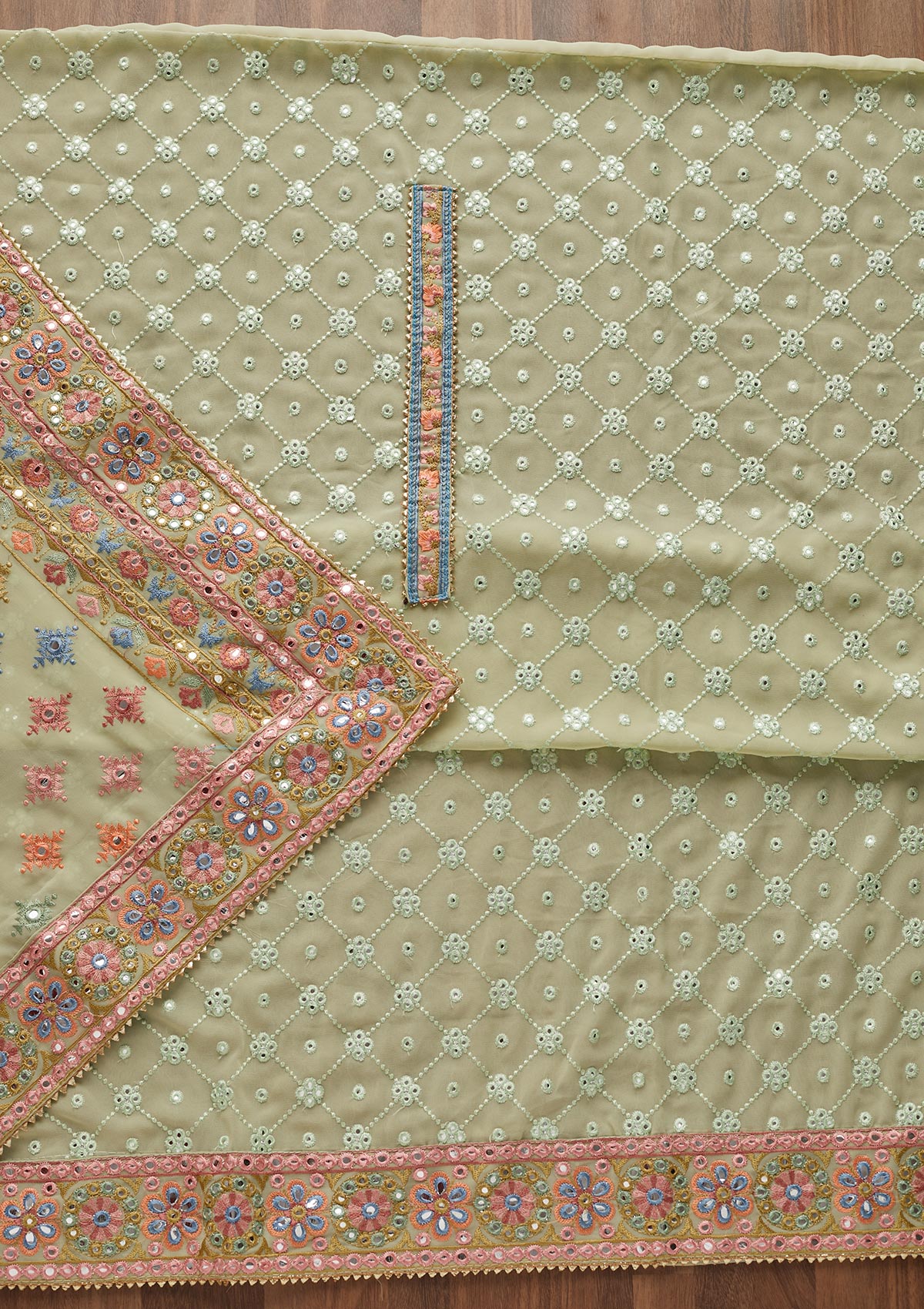 Pista Green Threadwork Georgette Unstitched Salwar Suit - Koskii