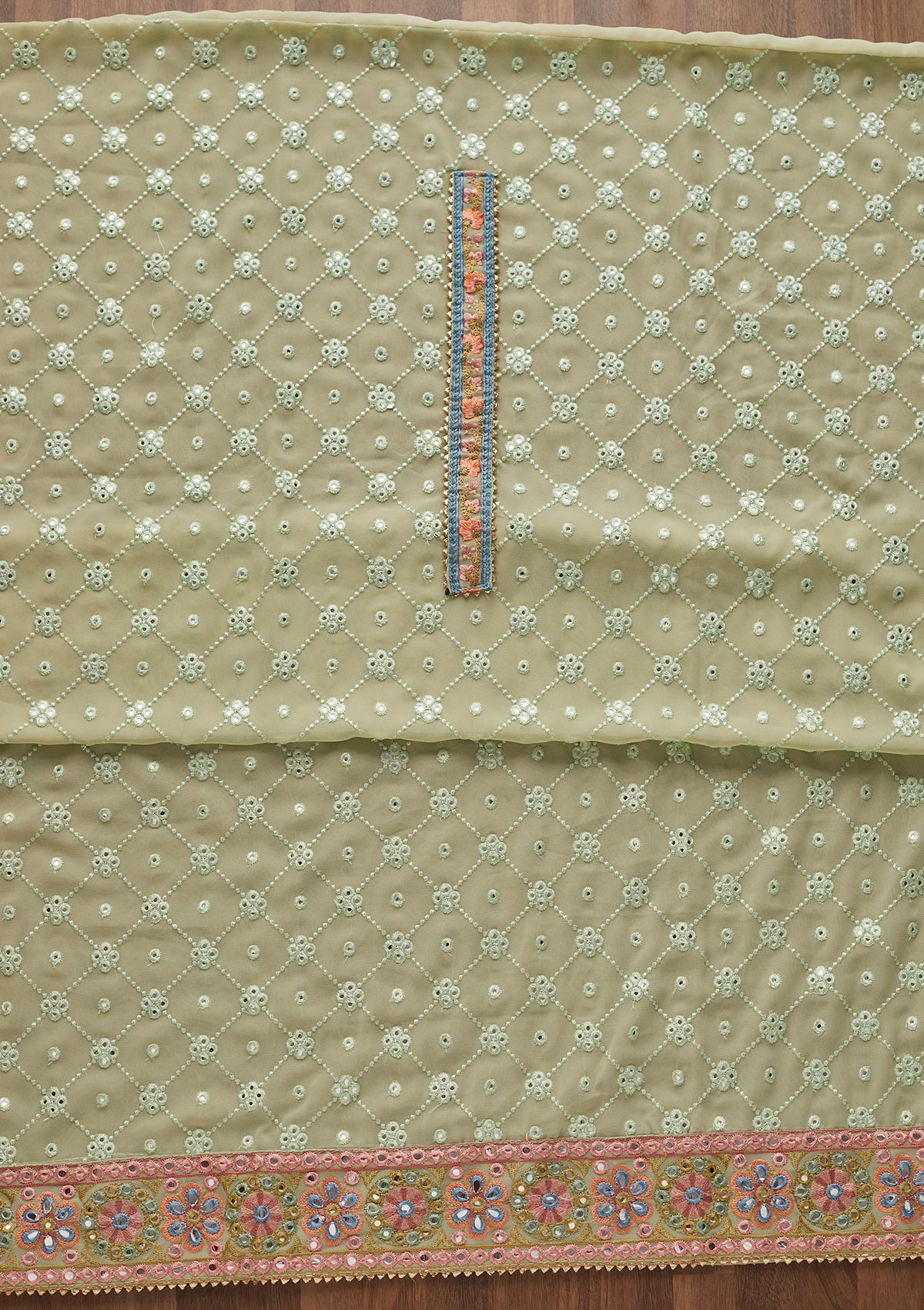 Pista Green Threadwork Georgette Unstitched Salwar Suit - Koskii