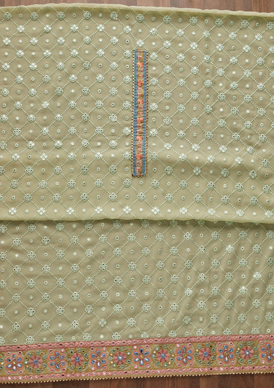 Pista Green Threadwork Georgette Unstitched Salwar Suit - Koskii