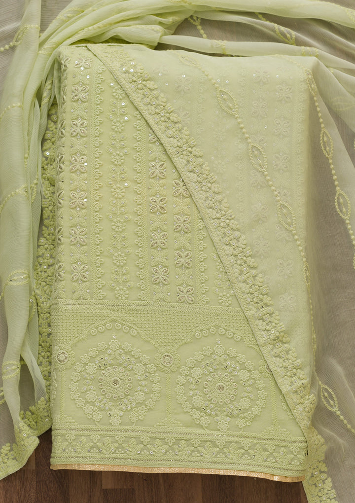 Pista Green Threadwork  Georgette Semi-Stitched Salwar Suit-Koskii