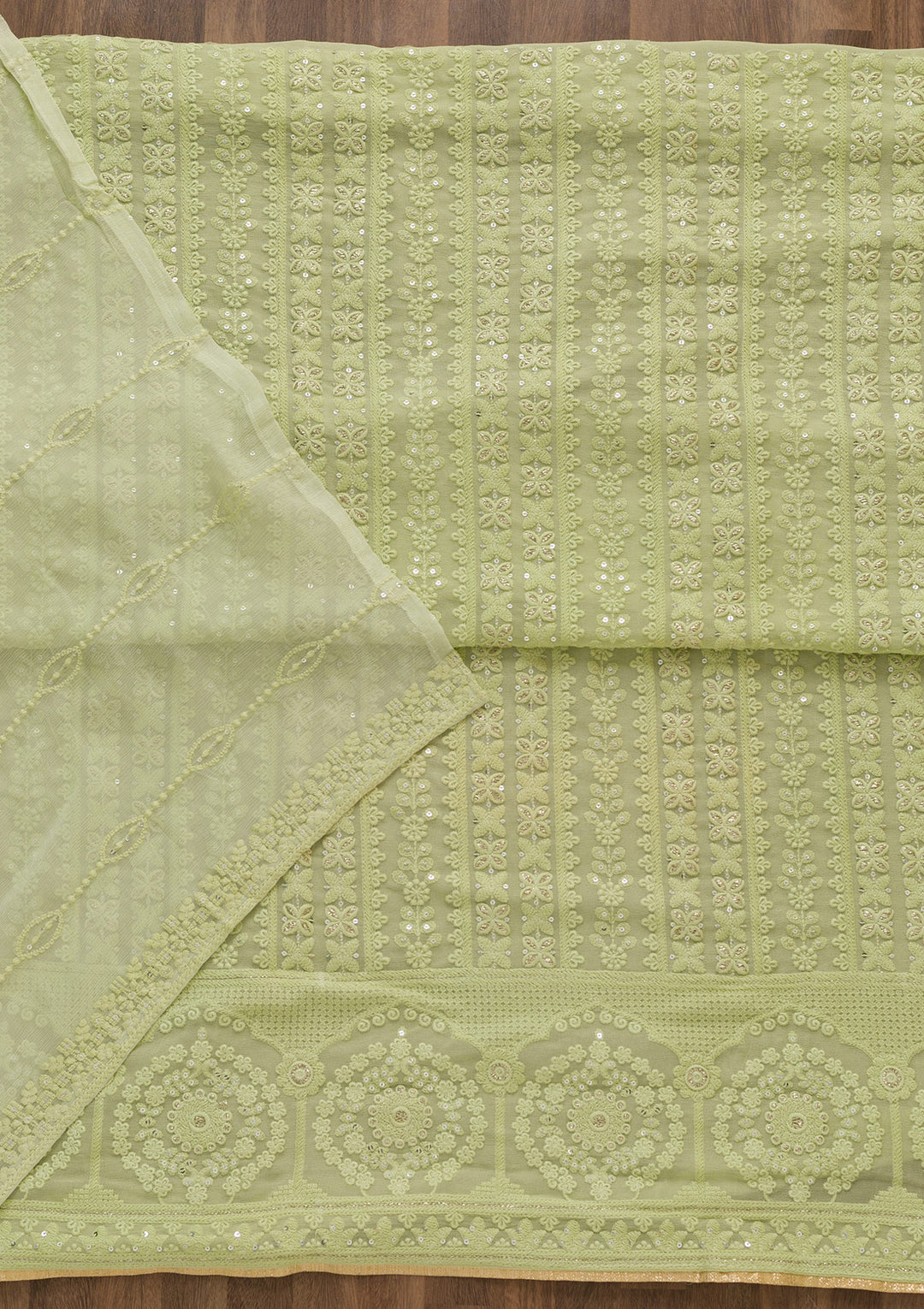 Pista Green Threadwork  Georgette Semi-Stitched Salwar Suit-Koskii